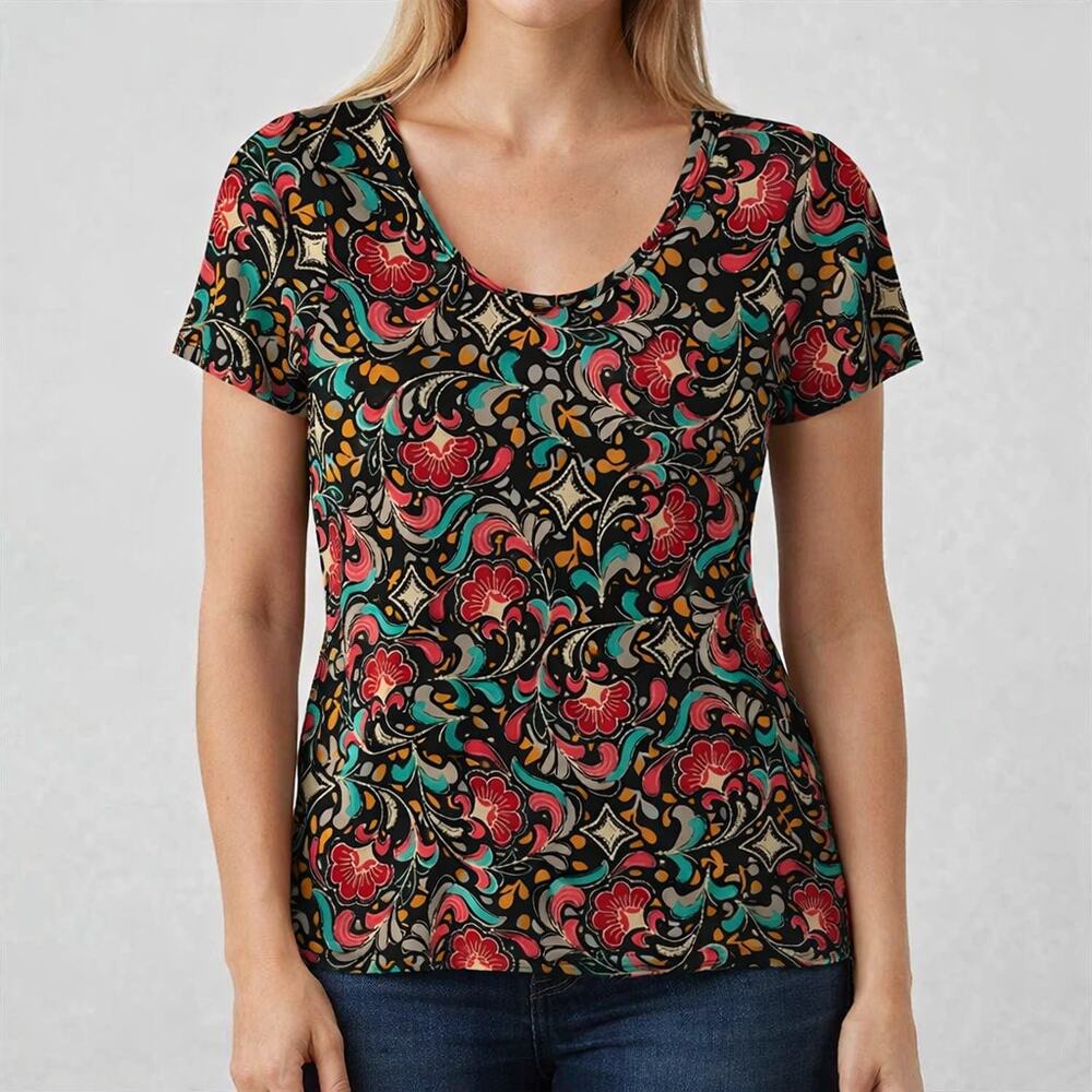 LuLaRoe Classic T Shirt Size M Black & Red Floral Short Sleeve NEW